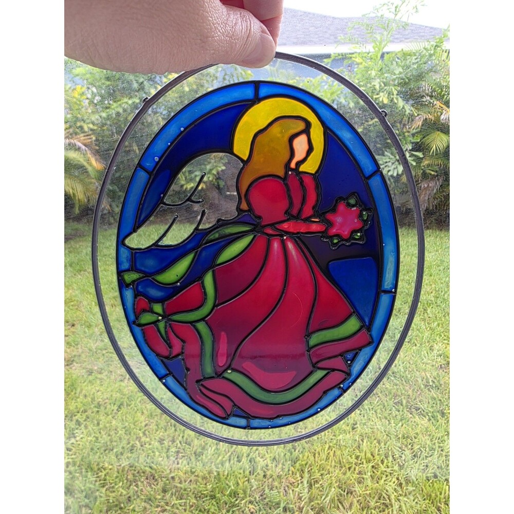 Angel Acrylic Stained Glass Style Suncatcher Window Hanging Red Blue 9x7 Decor